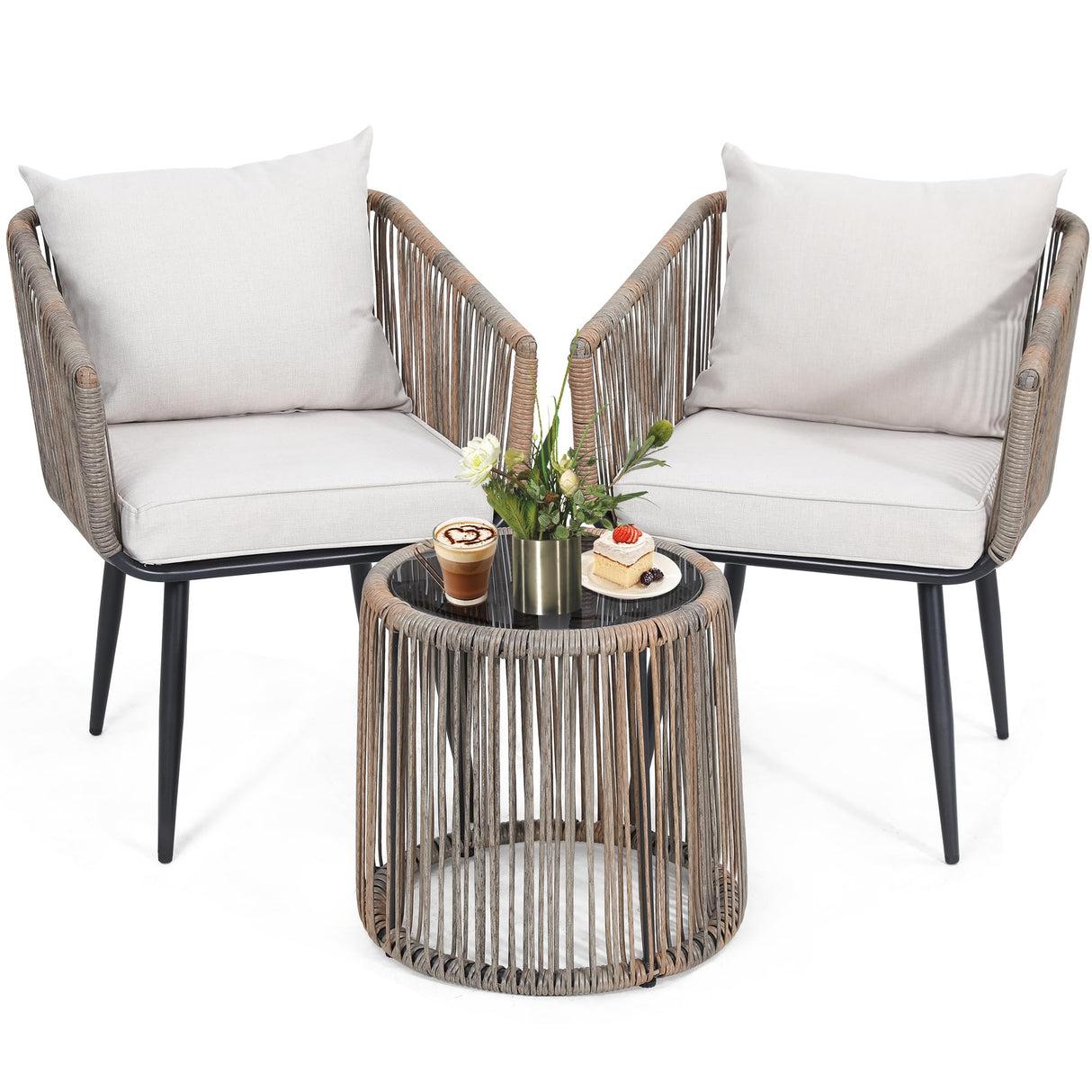 3 Pieces Patio Rattan Bistro Conversation Set