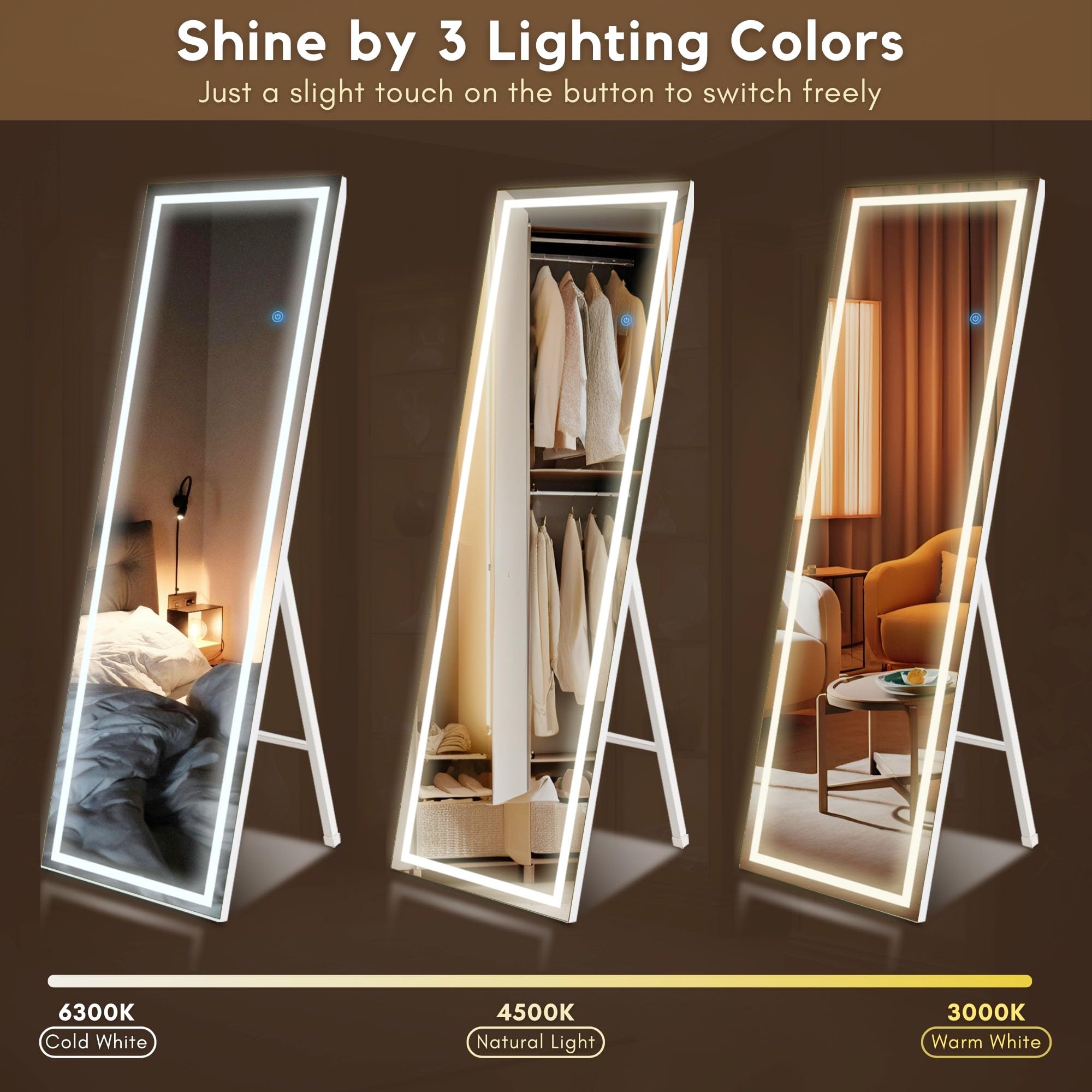 56x18 LED Floor Mirror - Dimmable 3-Color Full Length Mirror