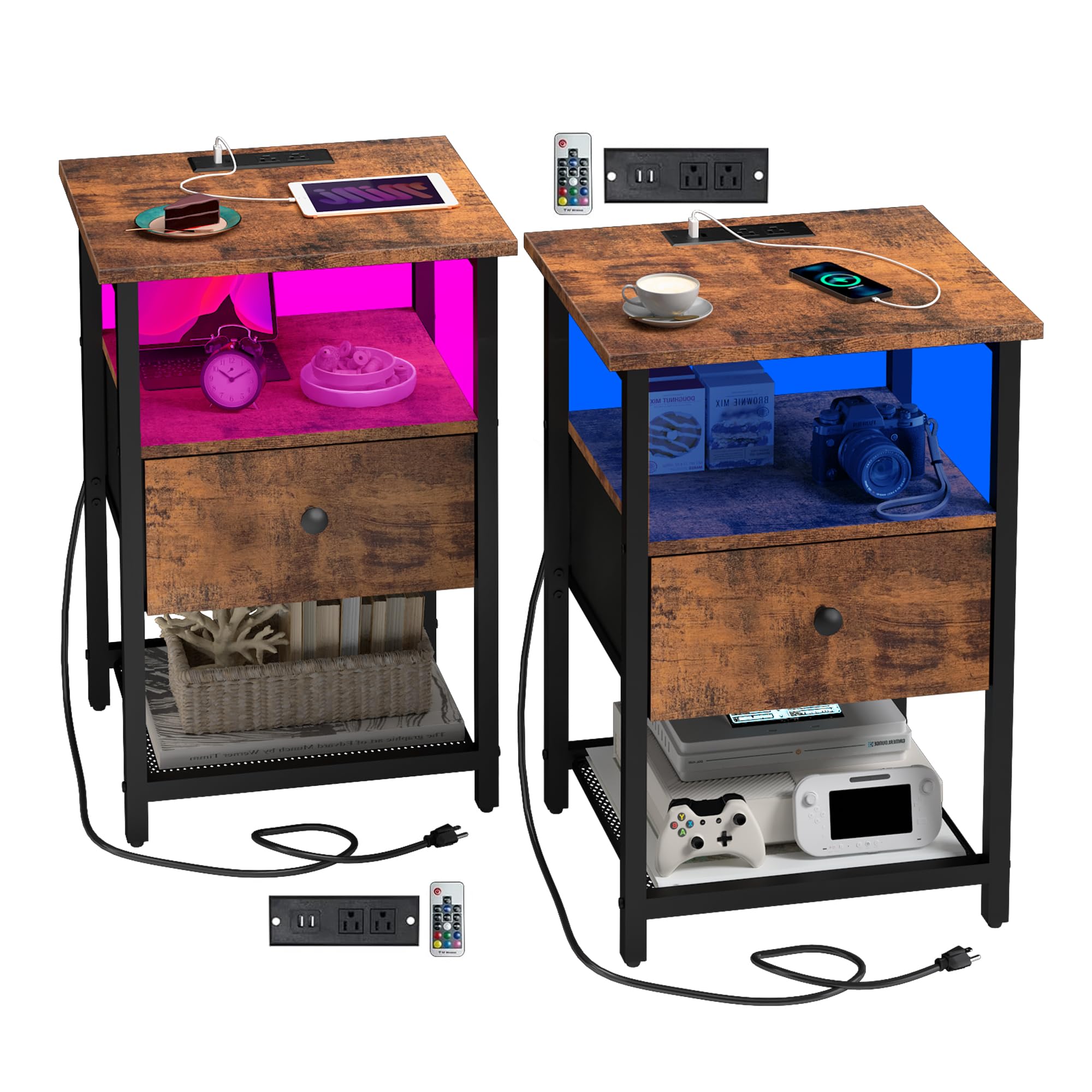 Nightstands Set of 2 with Charging Station, Bedside Tables