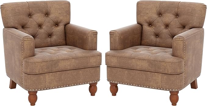 Faux Leather Accent Chair Set of 2, Upholstered Button Tufted Armchair Club Reading