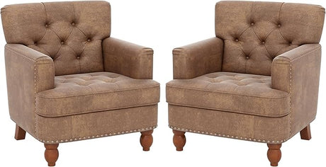 Faux Leather Accent Chair Set of 2, Upholstered Button Tufted Armchair Club Reading