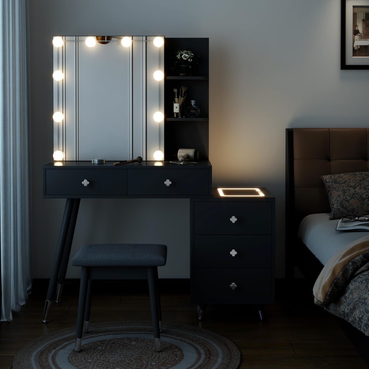 Black Vanity Desk with Mirror and 10 LED Lights, Makeup Vanity Set with 5 Drawers and 2