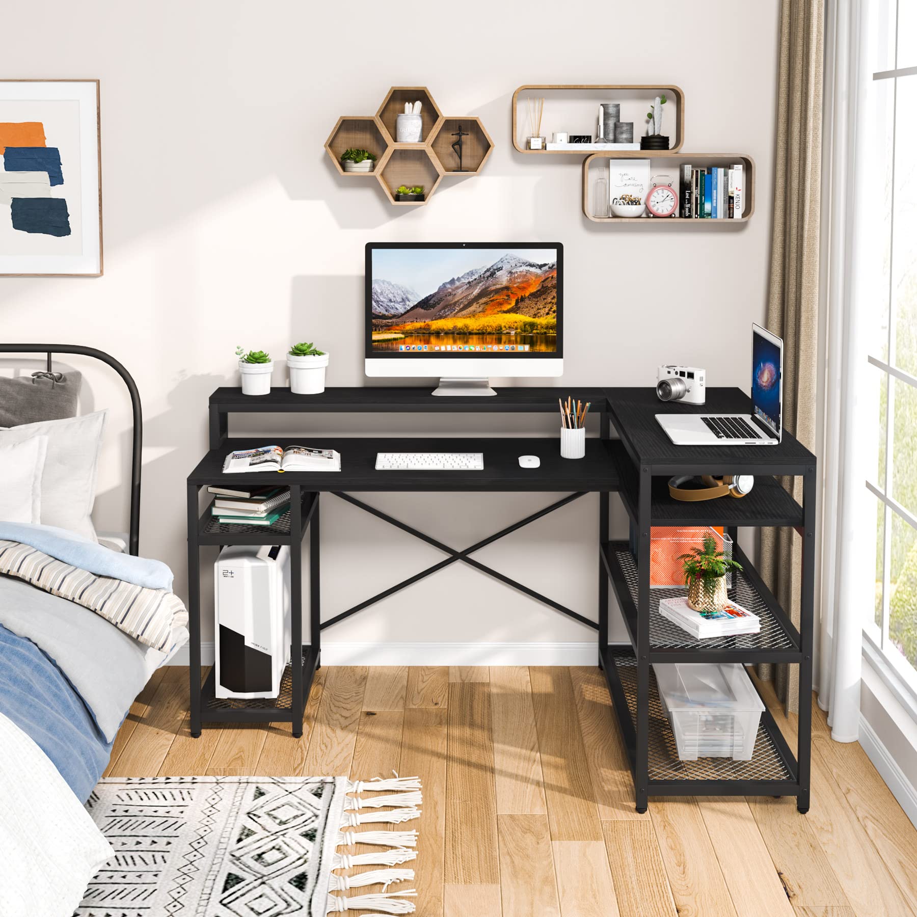 L Shaped Desk with Storage and Monitor Stand, Industrial Home Office Computer Desk