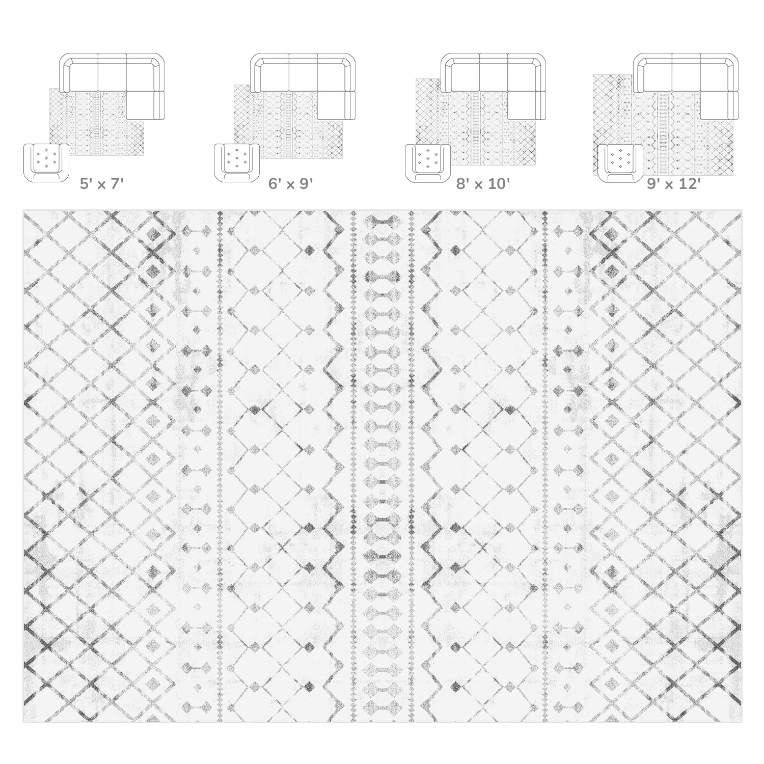 Lessymo 5x7 Area Rugs 5x7, Machine Washable Modern Area Rug, Super Soft Faux-Wool Carpet for Living Room Bedroom Dining Room, Non-Slip Low Pile, Grey White