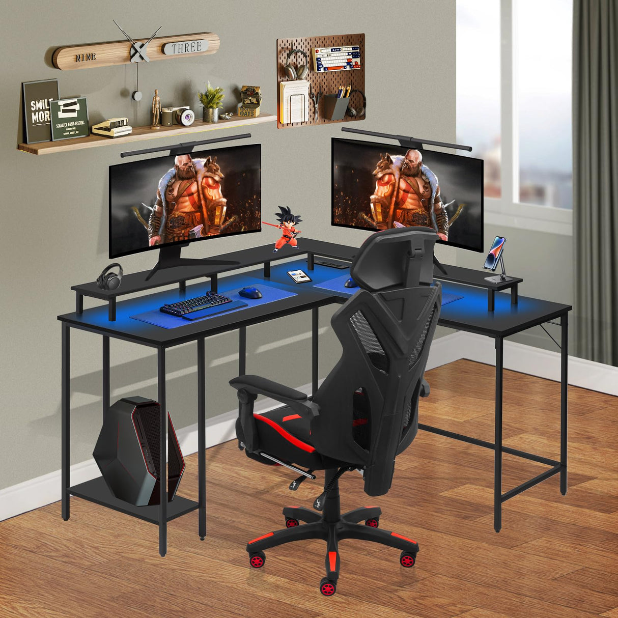 53.5" L Shaped Computer Desk Gaming Desk with LED Lights and Power Outlets