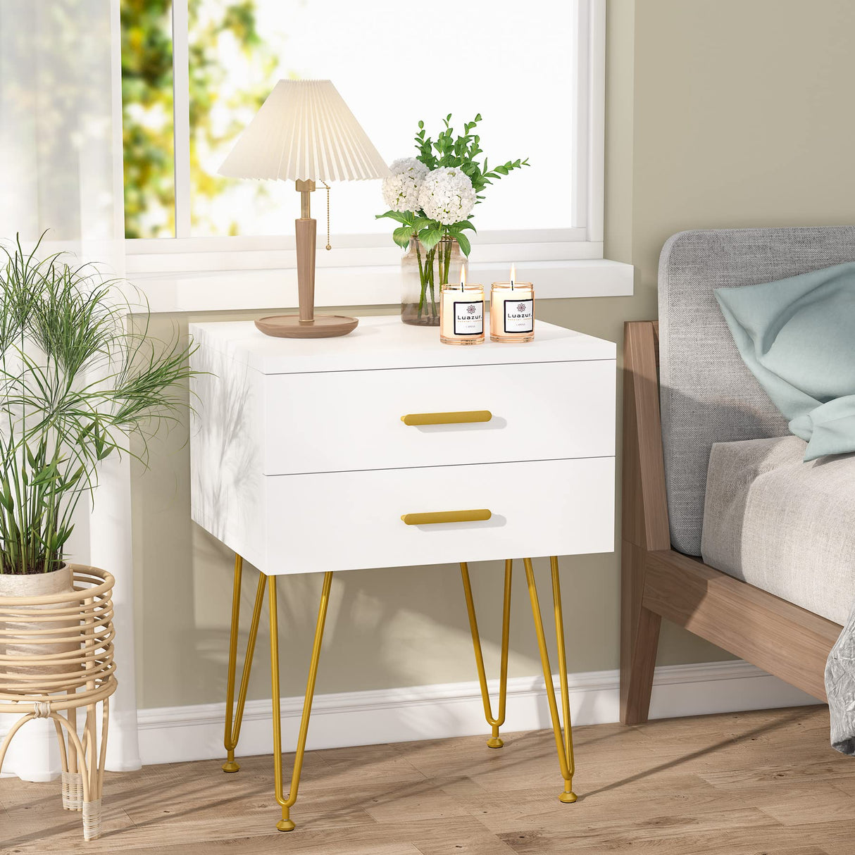 2-Drawer Nightstand Set of 2, White and Gold Bed Side Table with Metal Legs