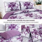 Floral Quilt Set Queen Size,3 Pieces Purple and White Summer Botanical