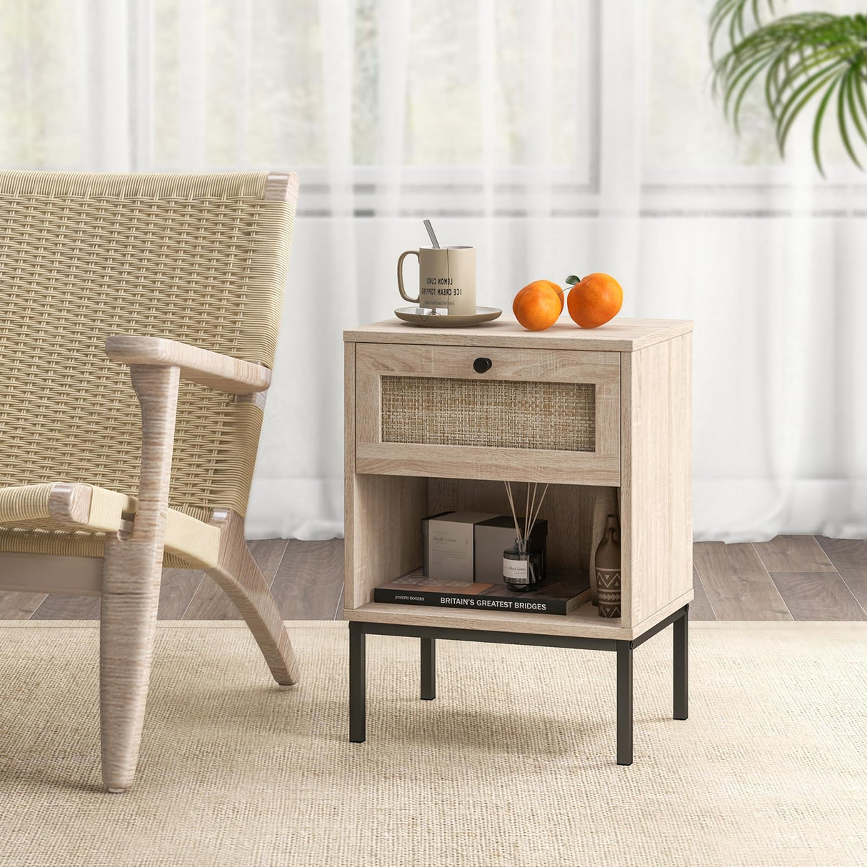 Rattan Nightstands with Drawer Set of 2, Boho Side Tables with 4 Metal Legs and Open