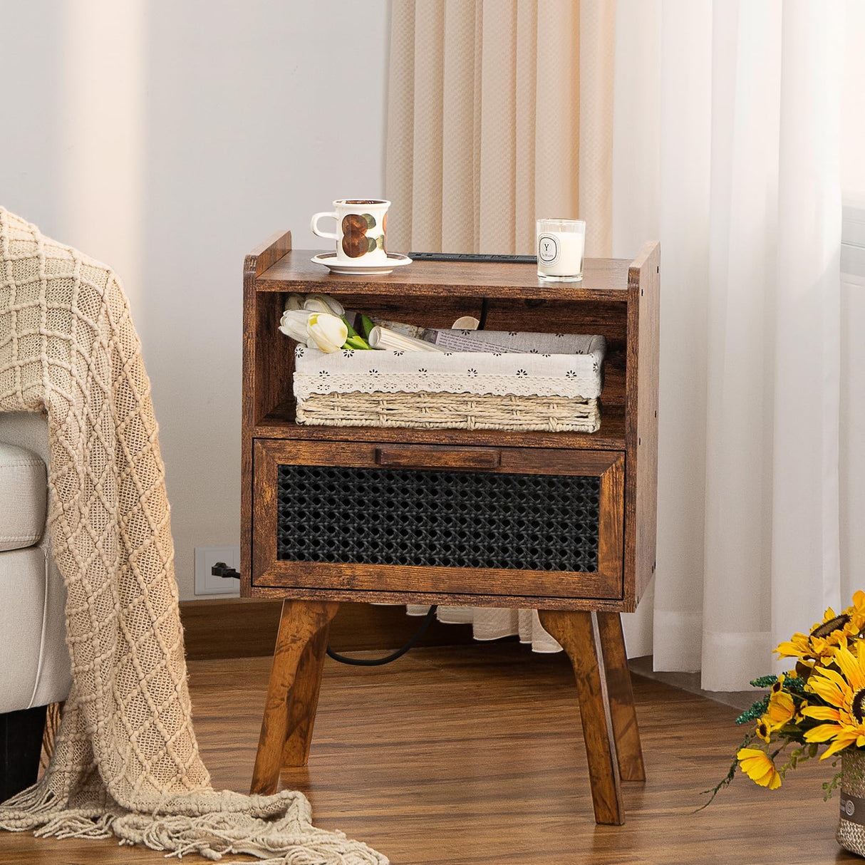 Rattan Nightstands Set of 2 with Charging Station