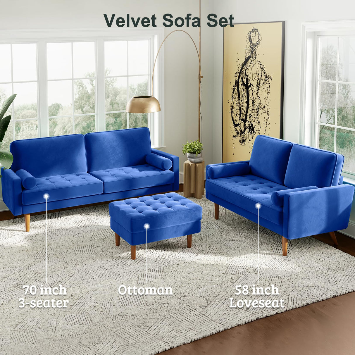 Vesgantti Loveseat Sofa, 58" Blue Velvet Couch Small Couch Love Seat Sofa with Tufted Seat, Mid Century Modern Couch for Living Room, Bedroom, Office, Apartment (58 Inch, Blue)