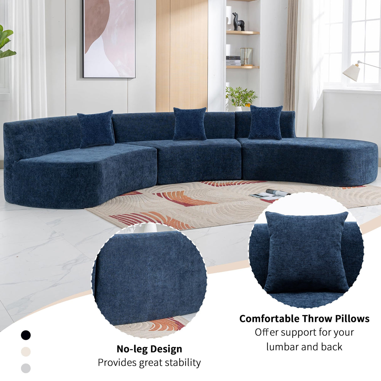 Modern Minimalist Curved Sofa with 3 Soft Throw Pillows