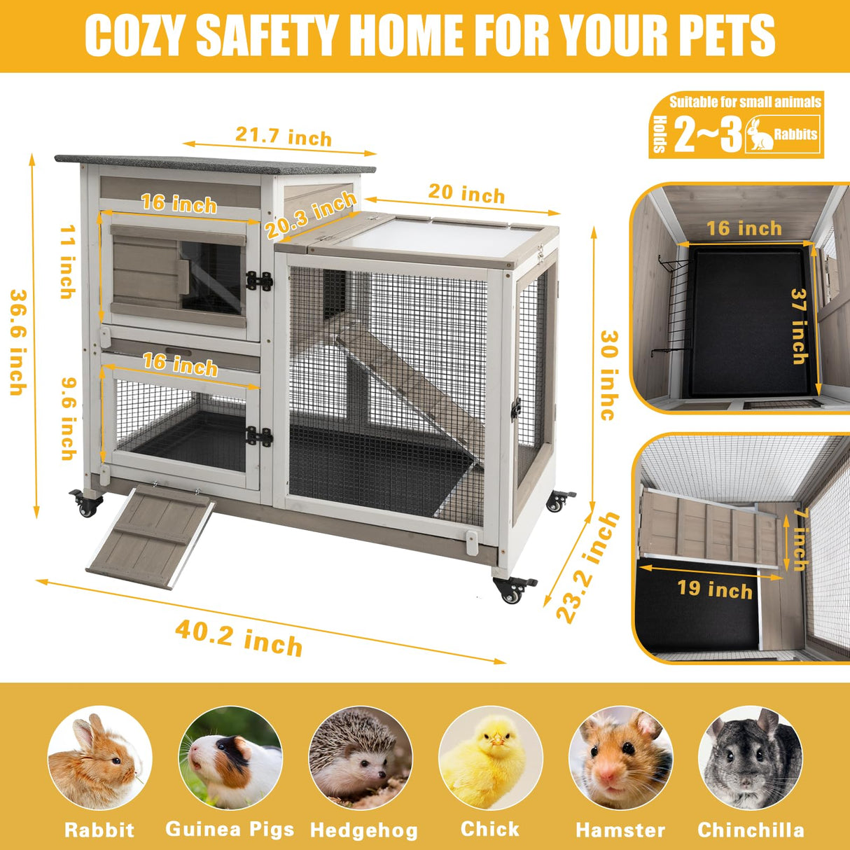 40"L Rabbit Hutch Indoor Wooden Large Bunny Hutch Outdoor 2 Story Rabbit Cage