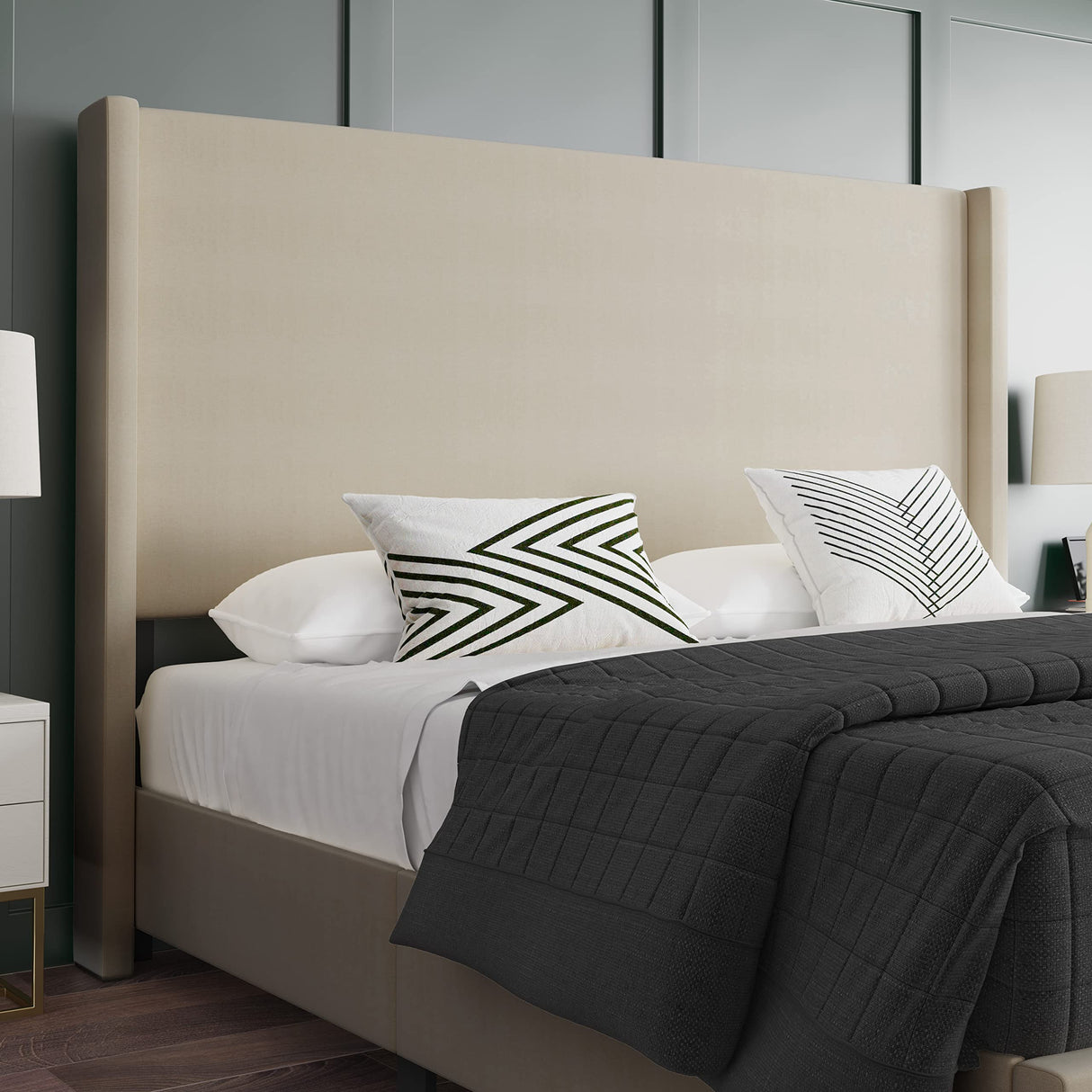 Nora Wingback Platform Bed - Beige Faux Linen Upholstery - Durable Engineered