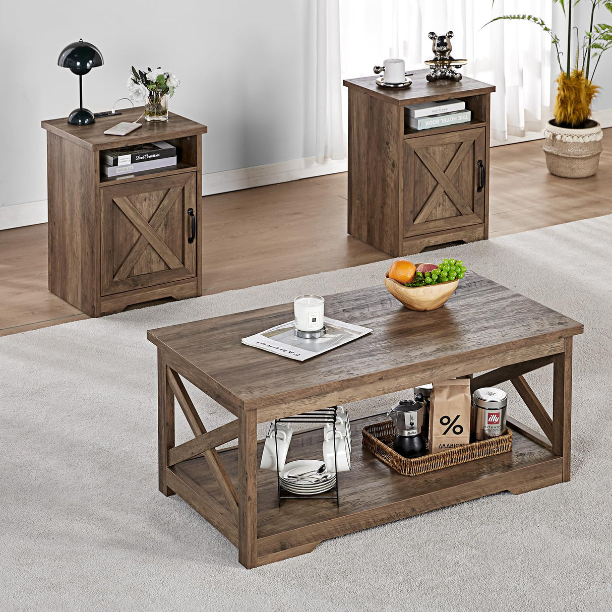 3-Piece Farmhouse Table Set includes Coffee Table& Two End Tables