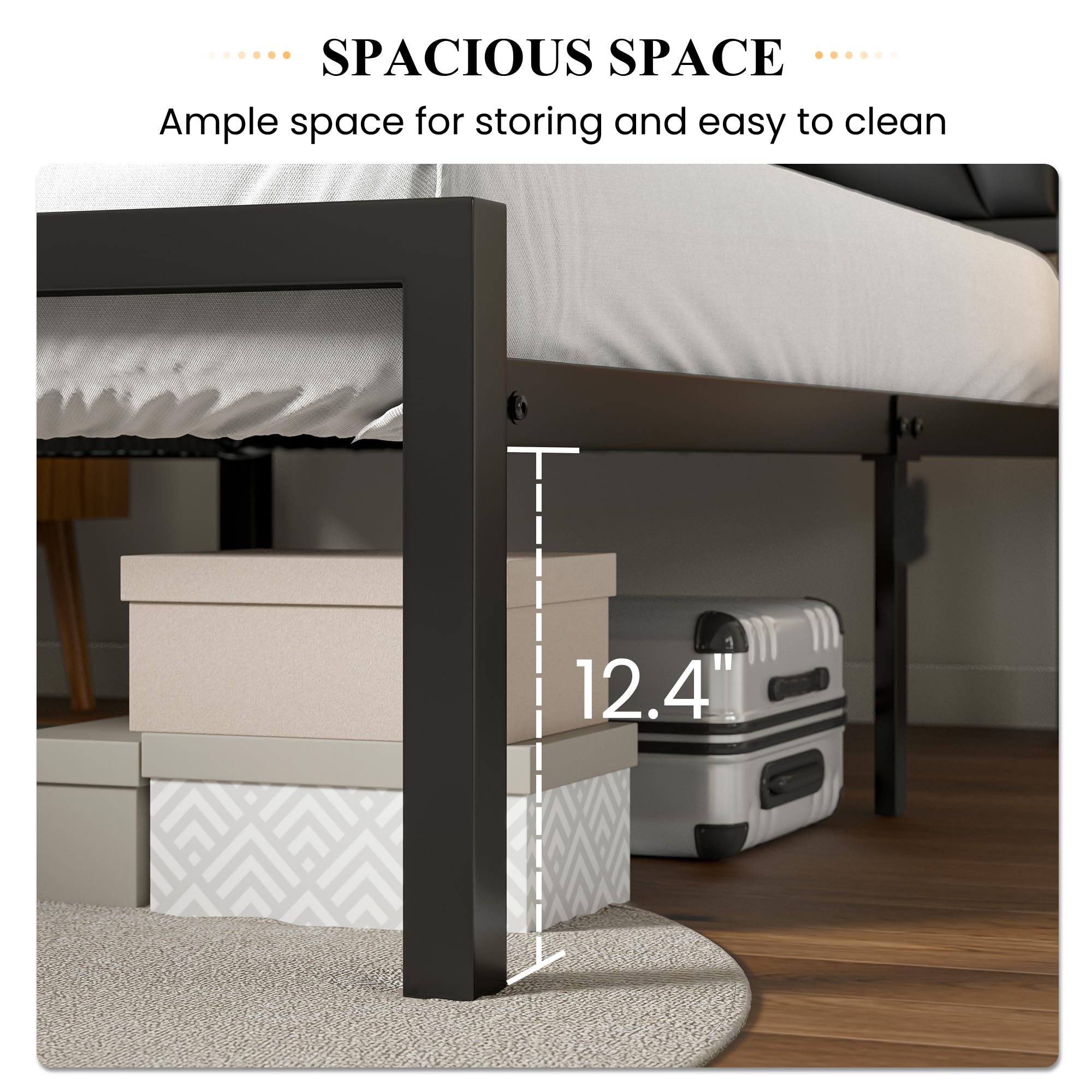 SHA CERLIN Modern Queen Size Metal Bed Frame with Litchi Grain Leather Upholstered Headboard, No Box Spring Needed, 12.4" Underbed Storage, Black