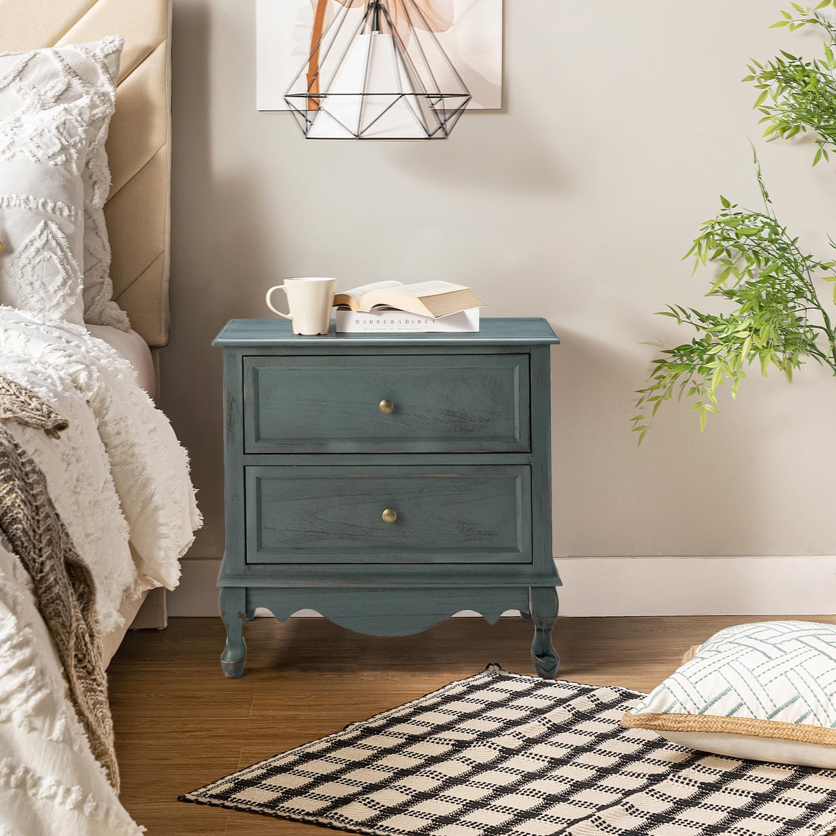 Wood Nightstand with Charging Station Space, Bedside Table 2 Drawer Dresser