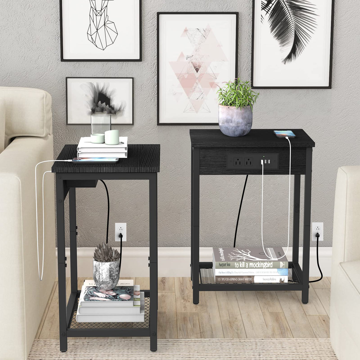 Black Nightstand, Bedside Table with Charging Station, Small End Table with USB Ports