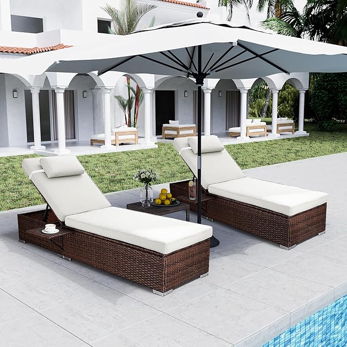 Outdoor PE Wicker Patio Lounge Chairs Set of 2, Outside Rattan Pool Lounge Chair