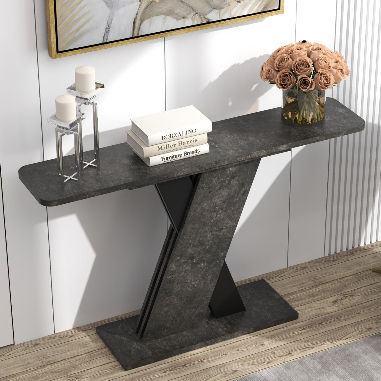 55'' Console Table, Industrial Narrow Entryway Table with Special Support Design