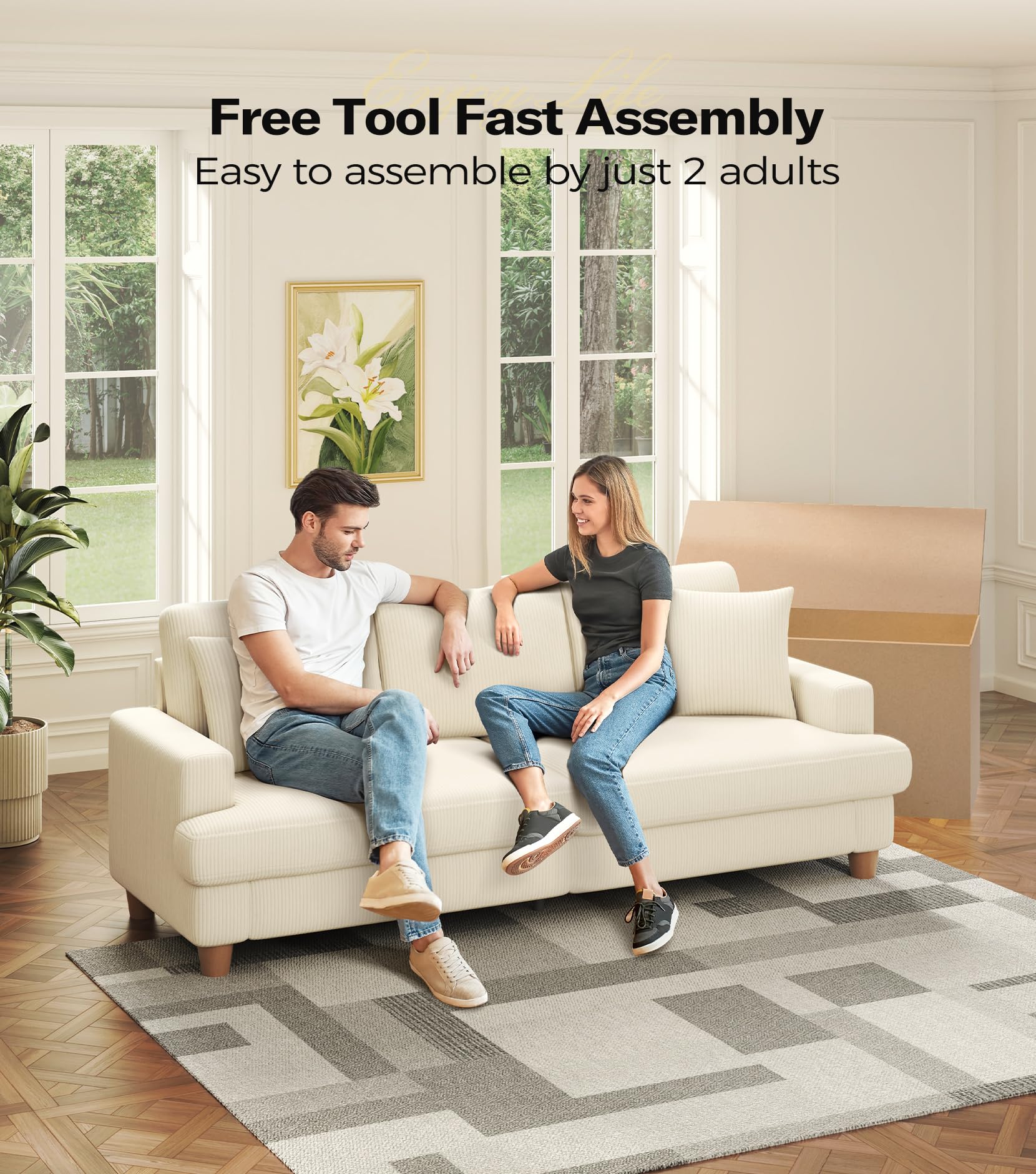 87in Beige White Sofa, Couches for Living Room 21in Extra Deep Seats