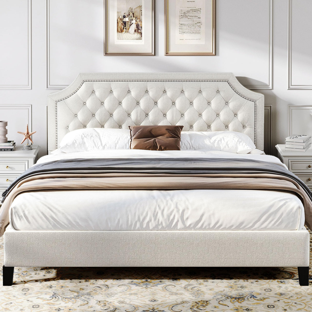 King Size Bed Frame with Adjustable Headboard, Beige Linen Upholstered Platform Bed