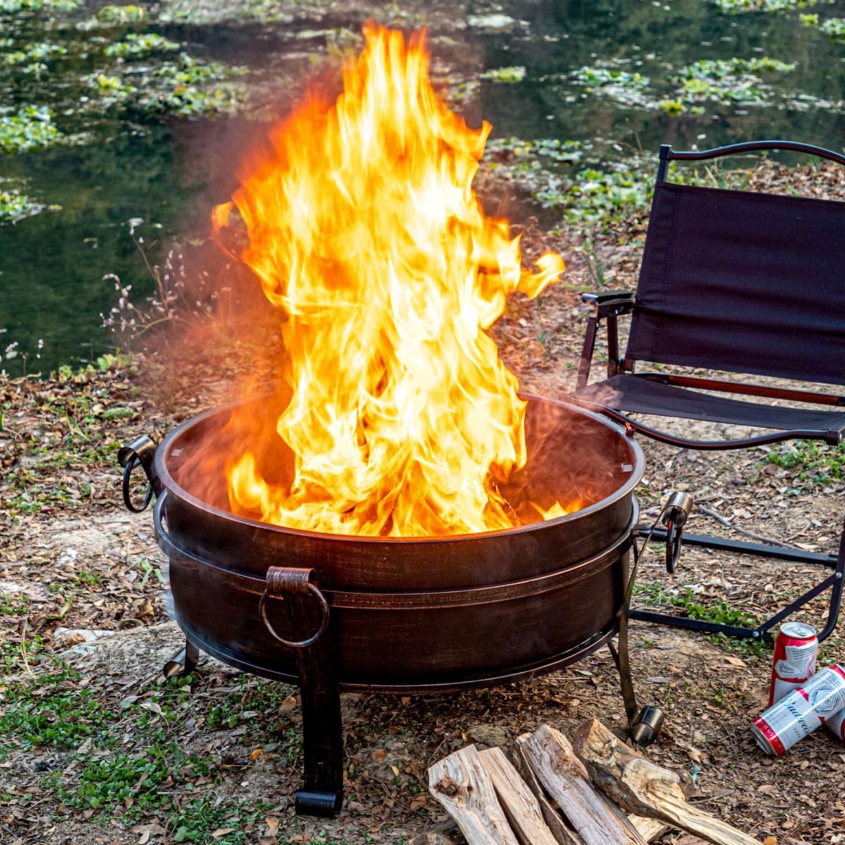 EcoNook 36 Inch Fire Pit with Grill & Lid, Fireplace & Round Table & BBQ 3 in 1 Fire Pit,Heavy Duty Wood Burning Fire Pits for Outside with Fire Poker, Waterproof Cover & Log Grate