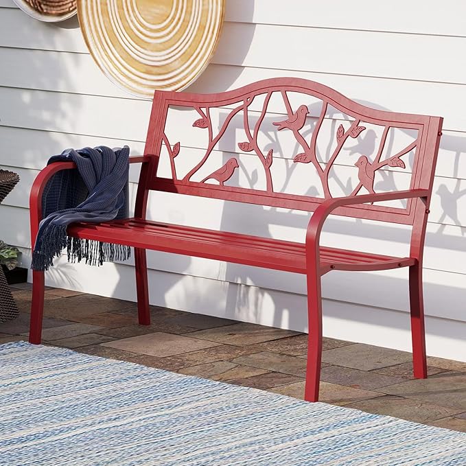 Outdoor Garden Park Bench Patio 50" Metal Bench, Steel Frame Bench