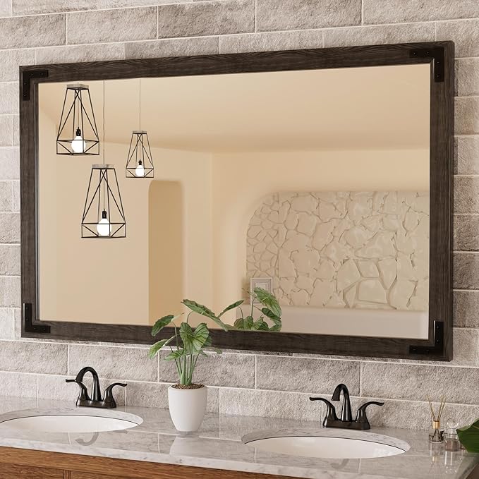 60 x 36 Inch Rustic Bathroom Mirror Wood Frame, Dark Brown Farmhouse Natural