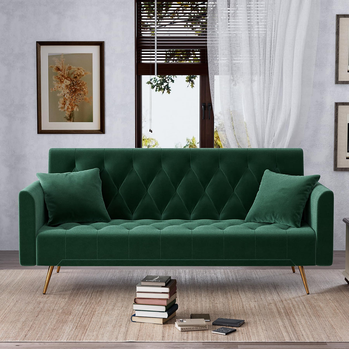 Velvet Futon Sofa Bed with 2 Pillows, Convertible Futon Couch, Sturdy Sleeper Sofa in 71 inch