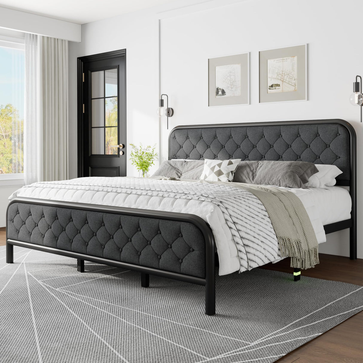King Size Bed Frame, Upholstered Metal Bed Frame with Liene Tufted Headboard