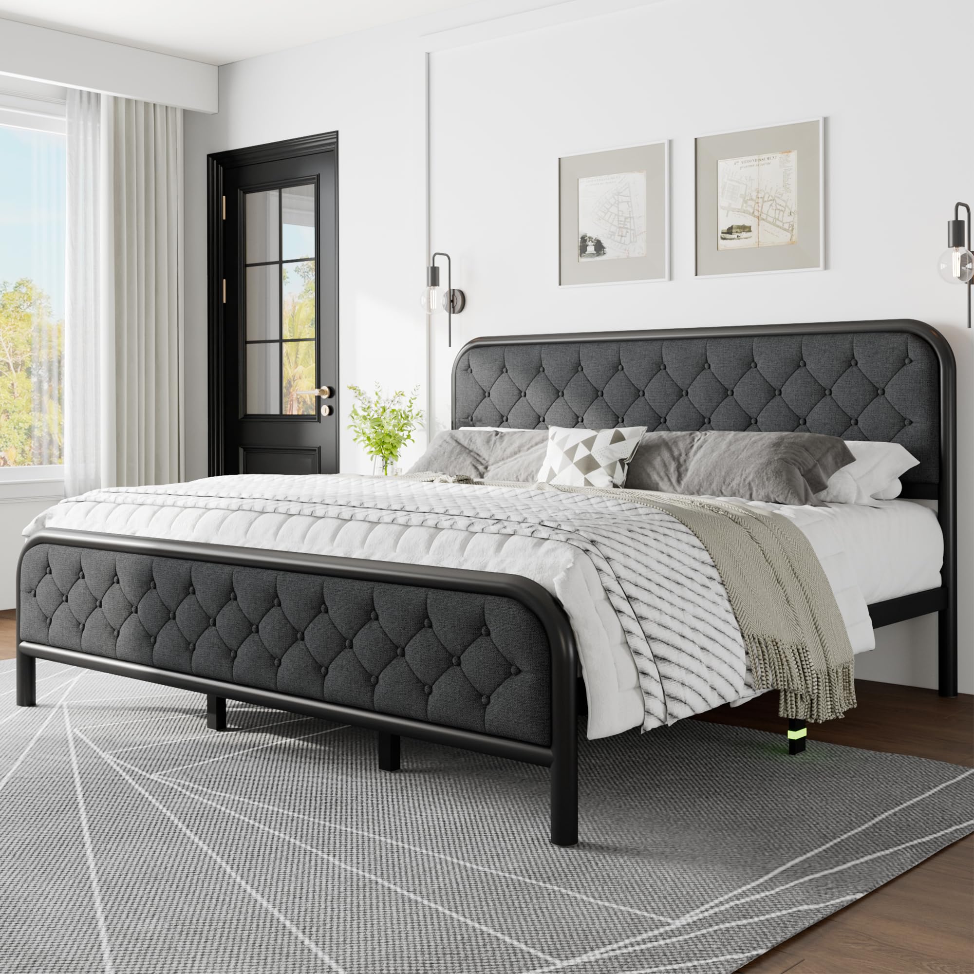 King Size Bed Frame, Upholstered Metal Bed Frame with Liene Tufted Headboard