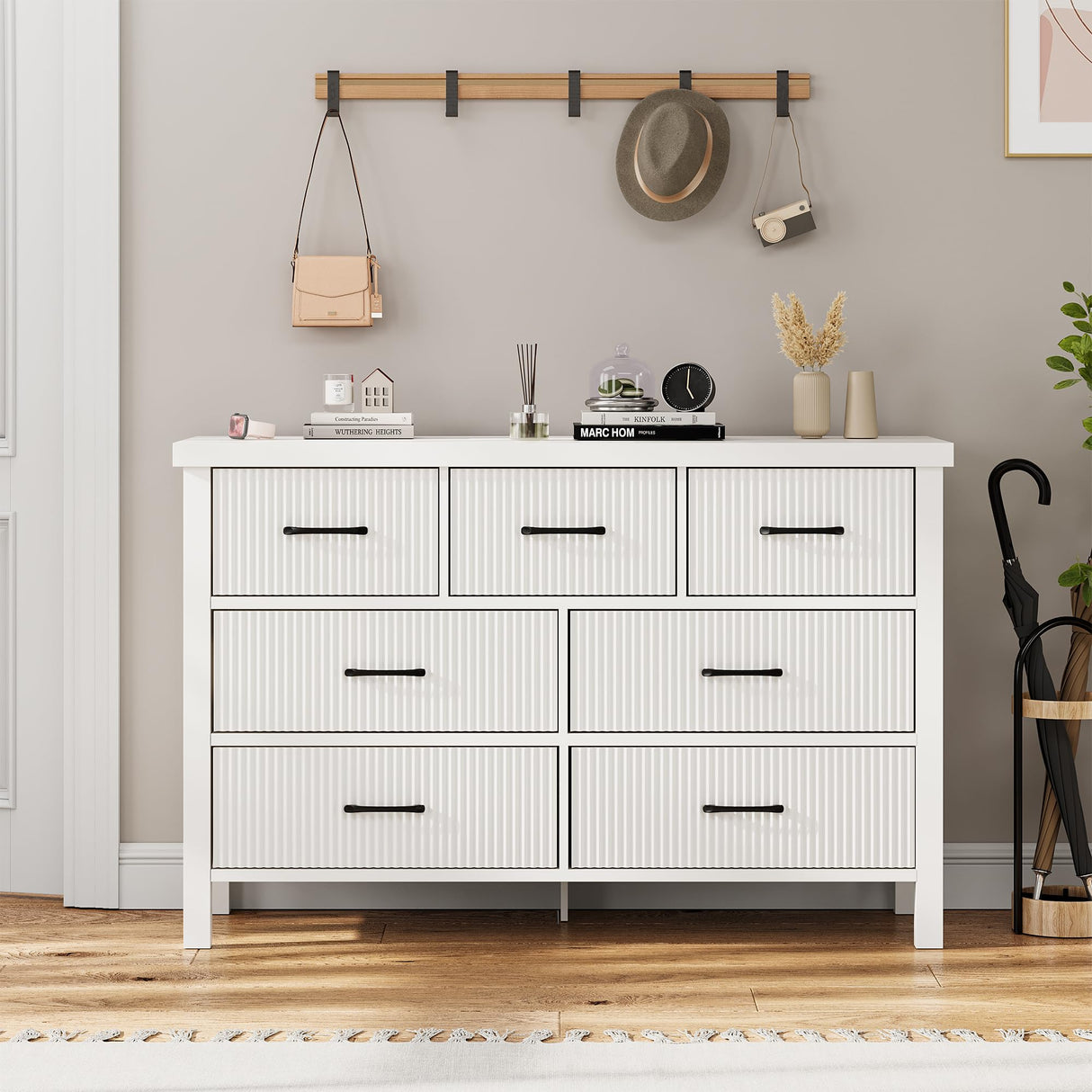 White Dresser 7 Drawer Dresser for Bedroom, Modern Fluted Dresser with Solid Wood