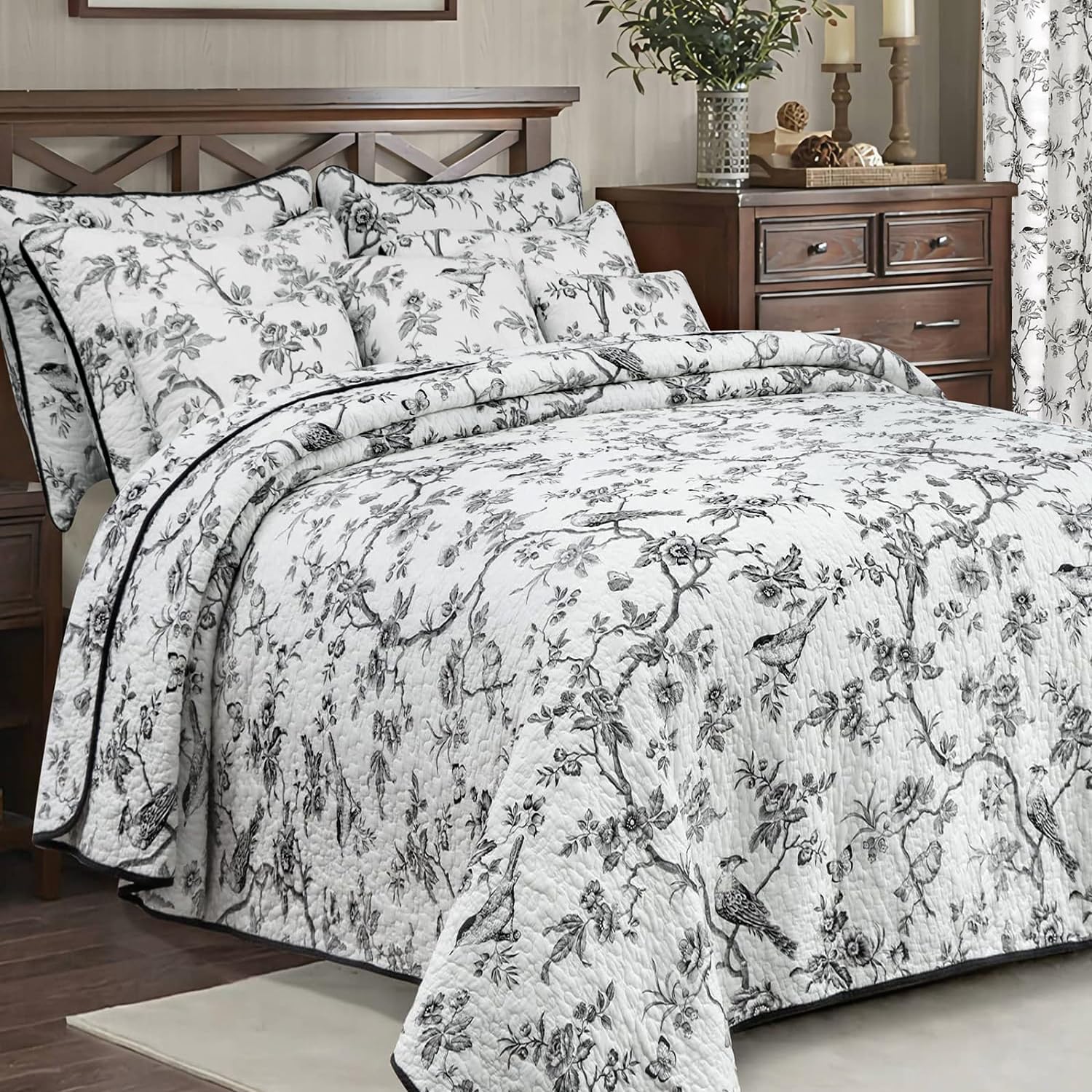 100% Cotton Quilt Queen Size - Black Bird Reversible Coverlet Set 3 Pieces
