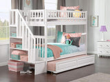 Woodland Staircase Bunk Bed Twin Over Twin with Twin Size Raised Panel Trundle and Attachable USB Charger