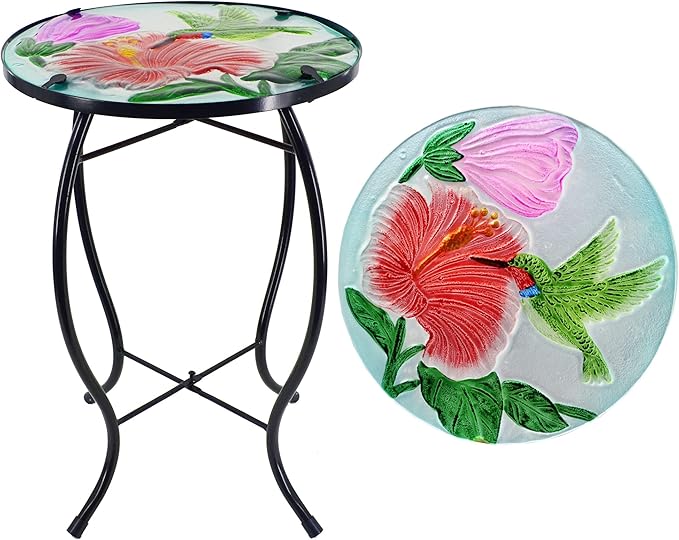 NewVees Peacock Patio Side Table, Small Patio Outdoor Side Table, Plant Table,Metal Glass End Table for Porch Garden Yard Pool.