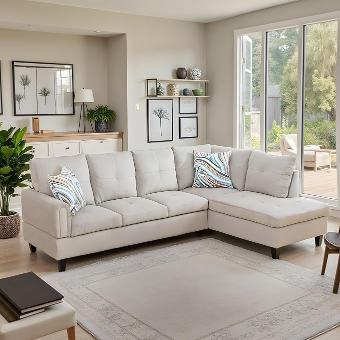 Couch 2 Pieces Sofa with Right Chaise Linen L Shaped Cloud Couch for Living Room