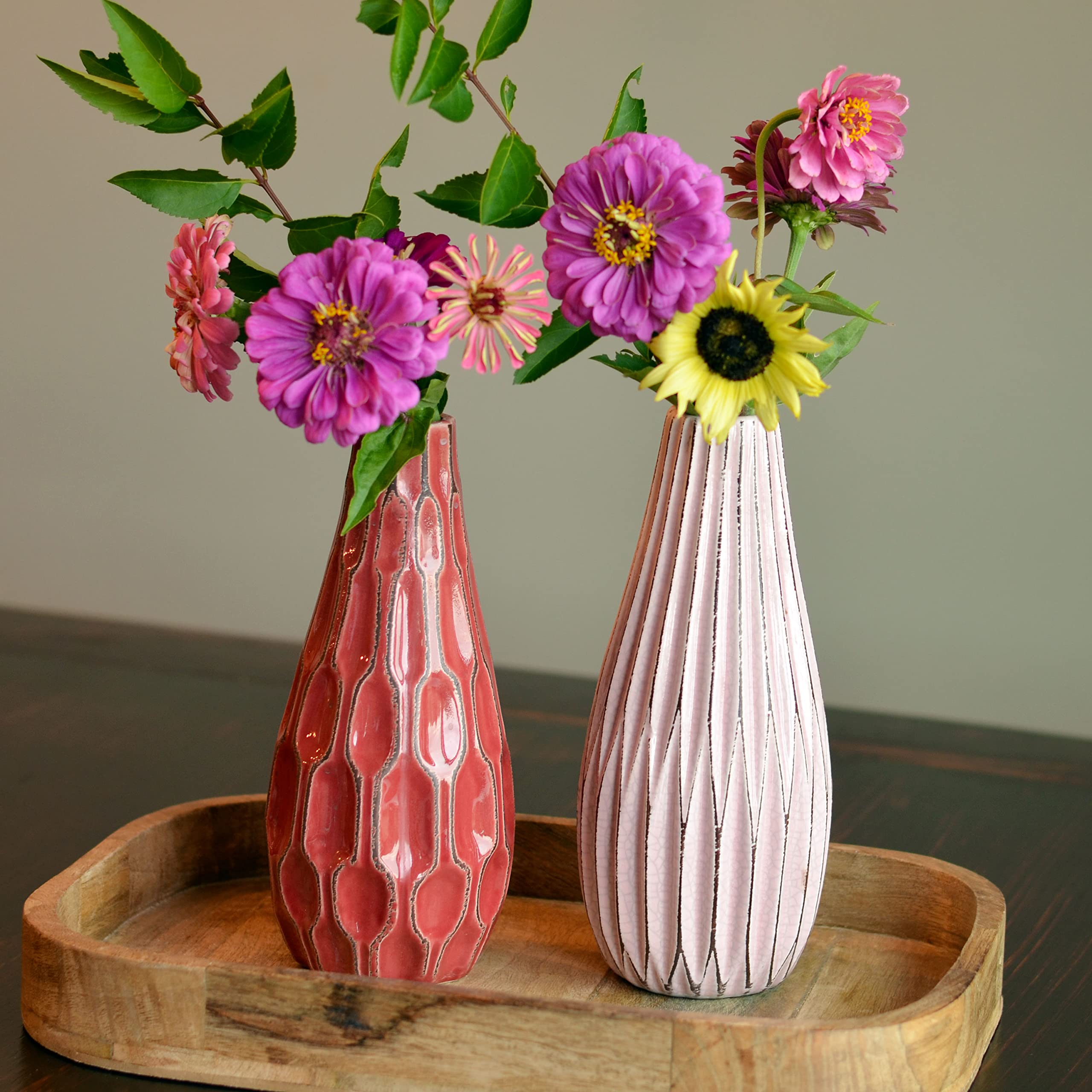 Iconic Scandi Vases, Set of 2, Fluted, Pink, Mauve and Dusty Rose, Crackle Suffused,