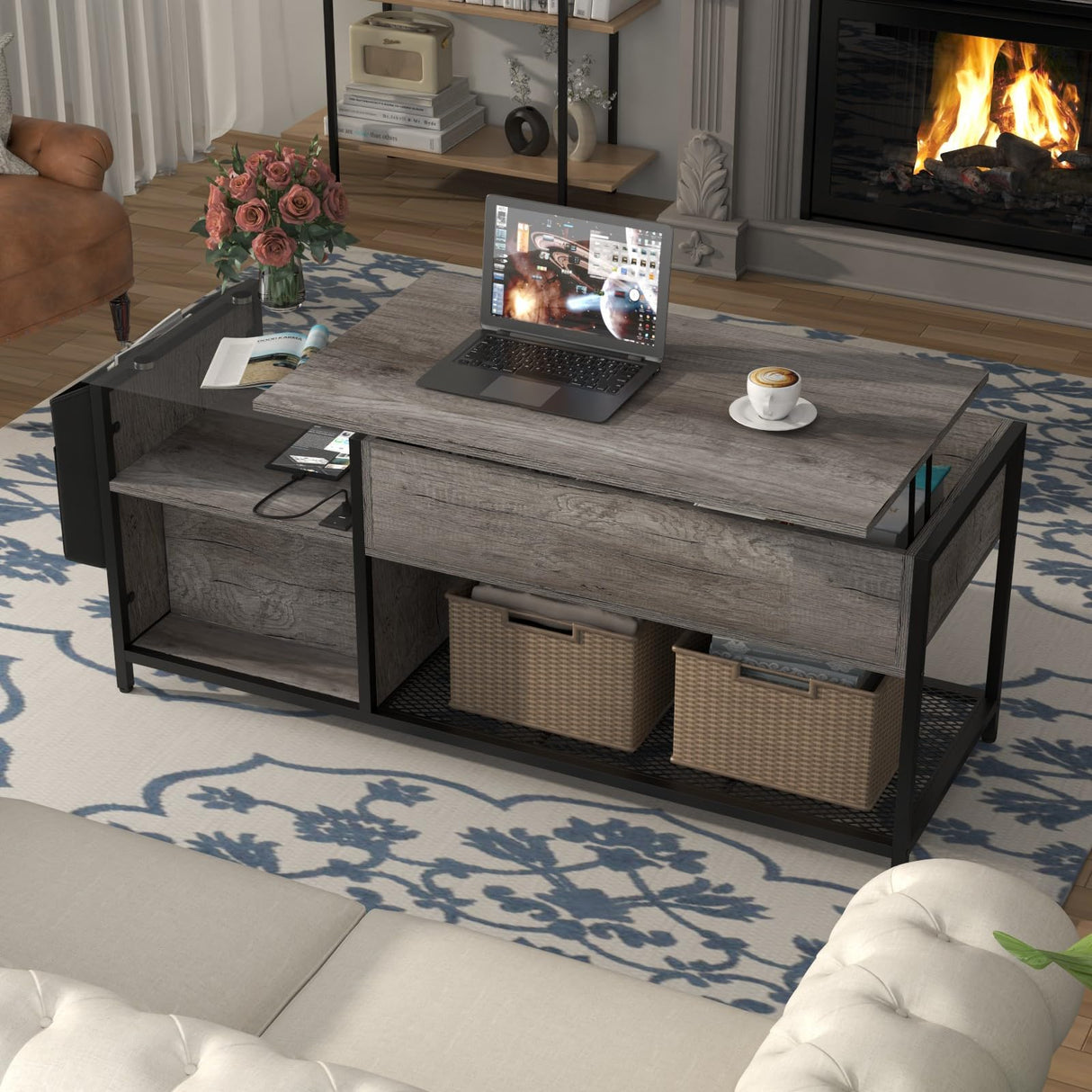 Top Coffee Table with LED Light & Power Outlet, Retro Coffee Tables