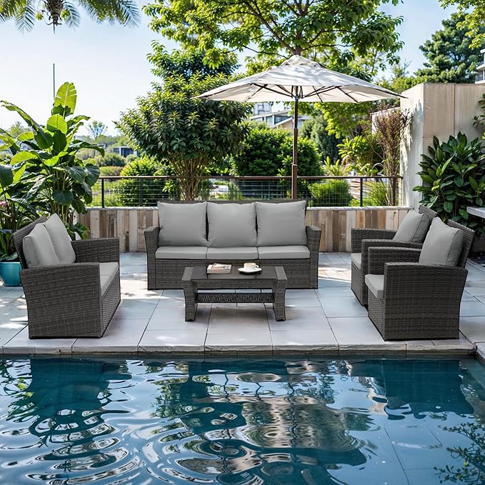 4 Piece Outdoor Patio Furniture Sets, Wicker Conversation Set for Porch Deck