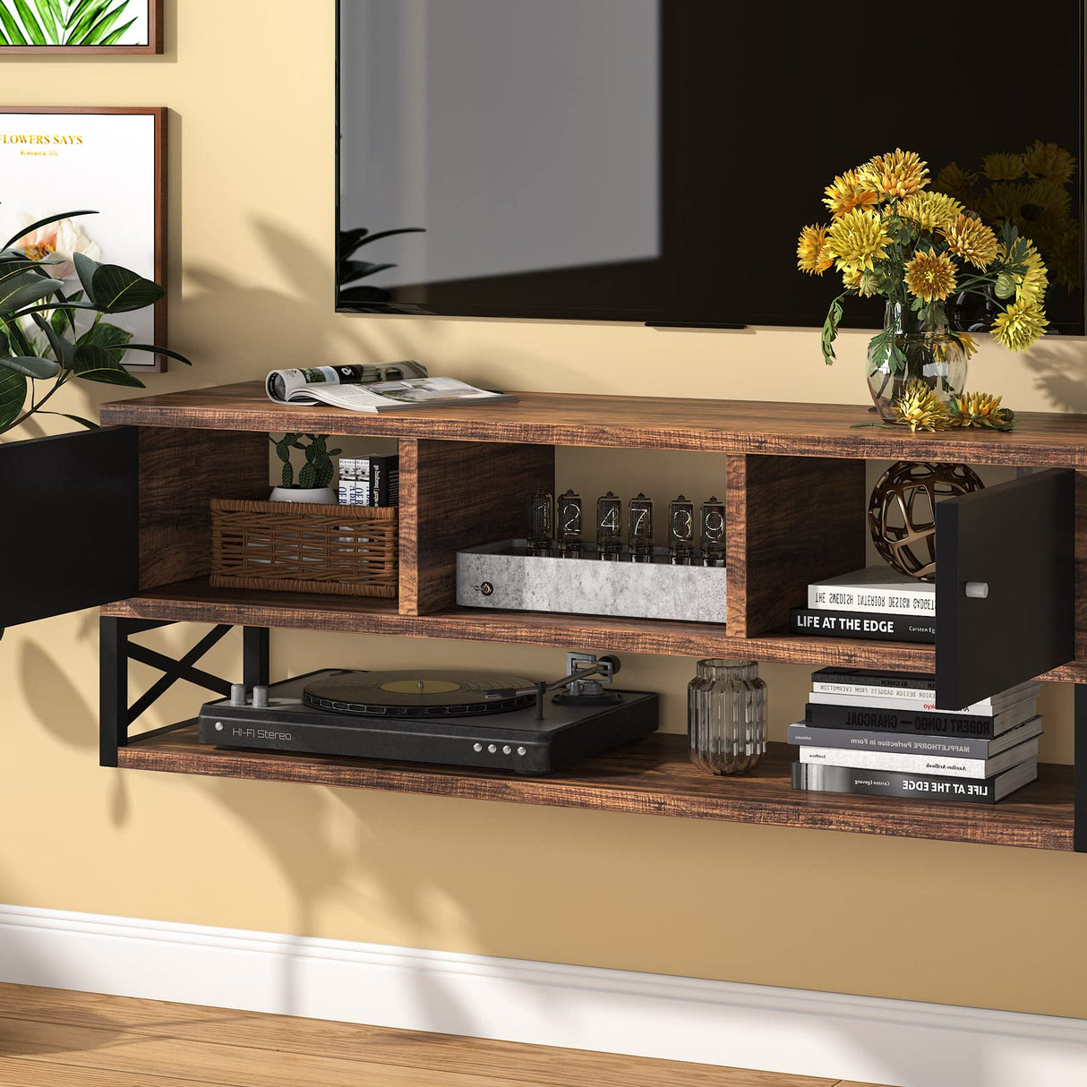 Floating TV Stand, Wall Mounted Media Console with Doors, 40” Farmhouse Floating