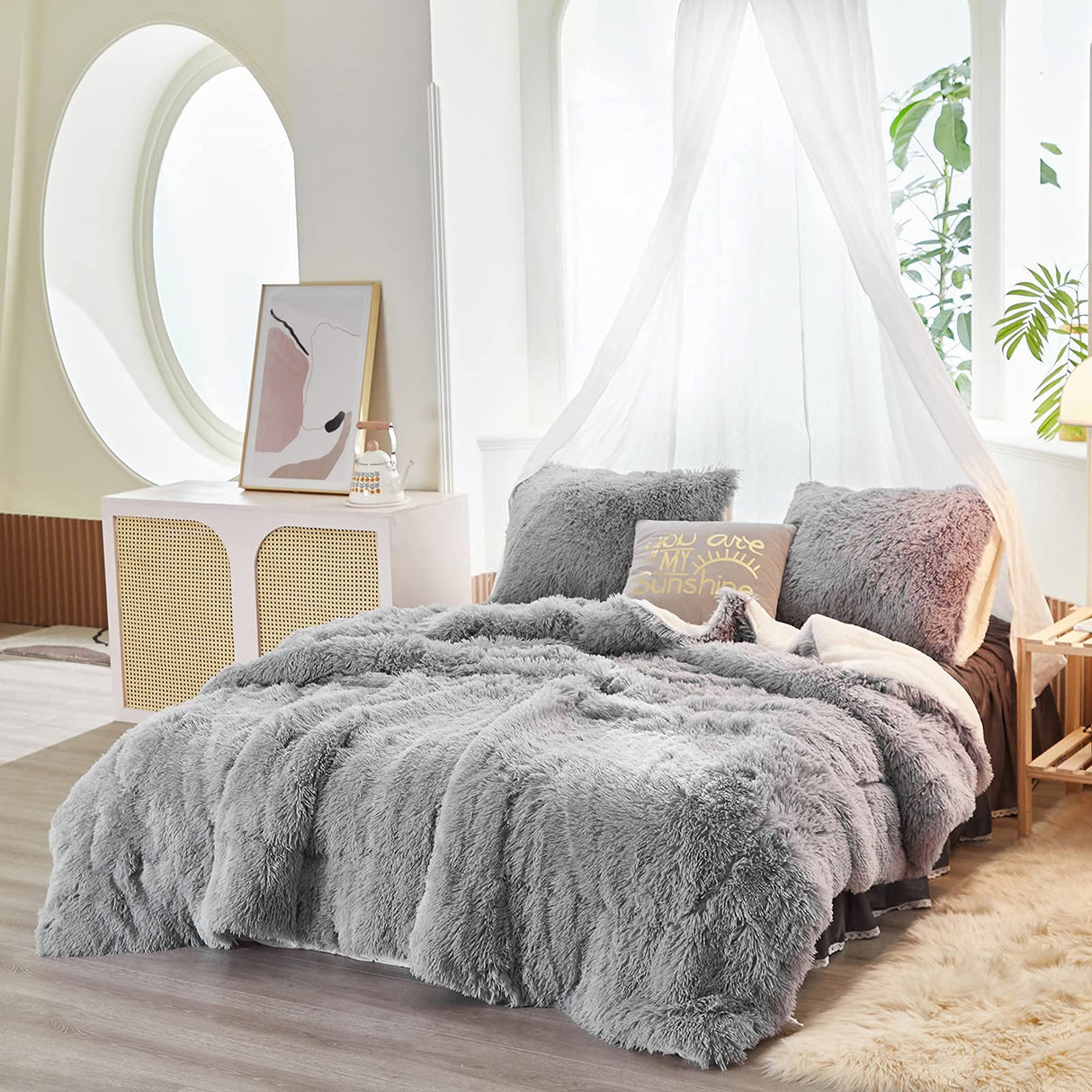 Gray Faux Fur Comforter Set King 3 Pieces - 1 Shaggy Comforter 104x90 and 2 Pillowcases