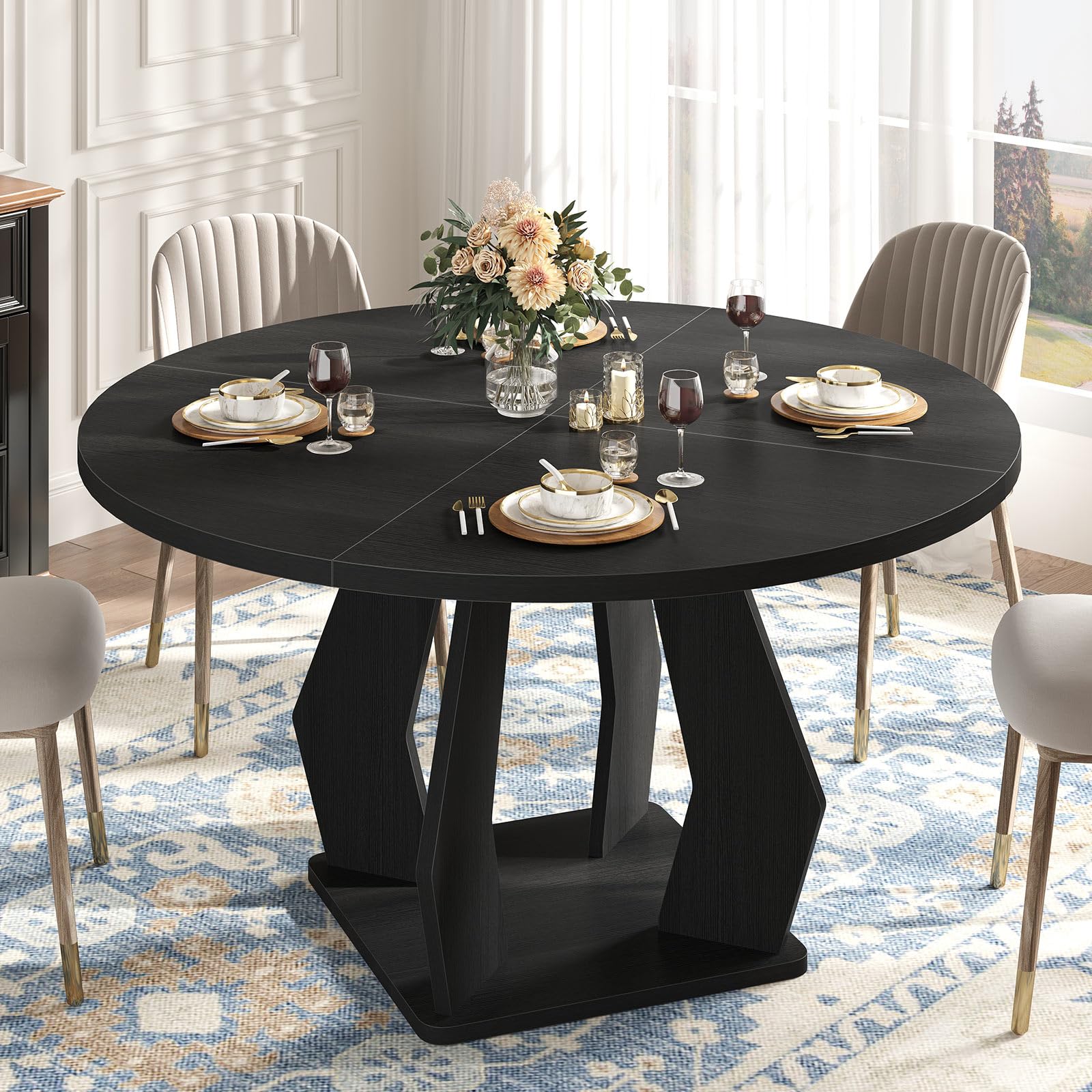 Round Dining Table for 4-6 People - 47 Inch Modern Wood Circle Table