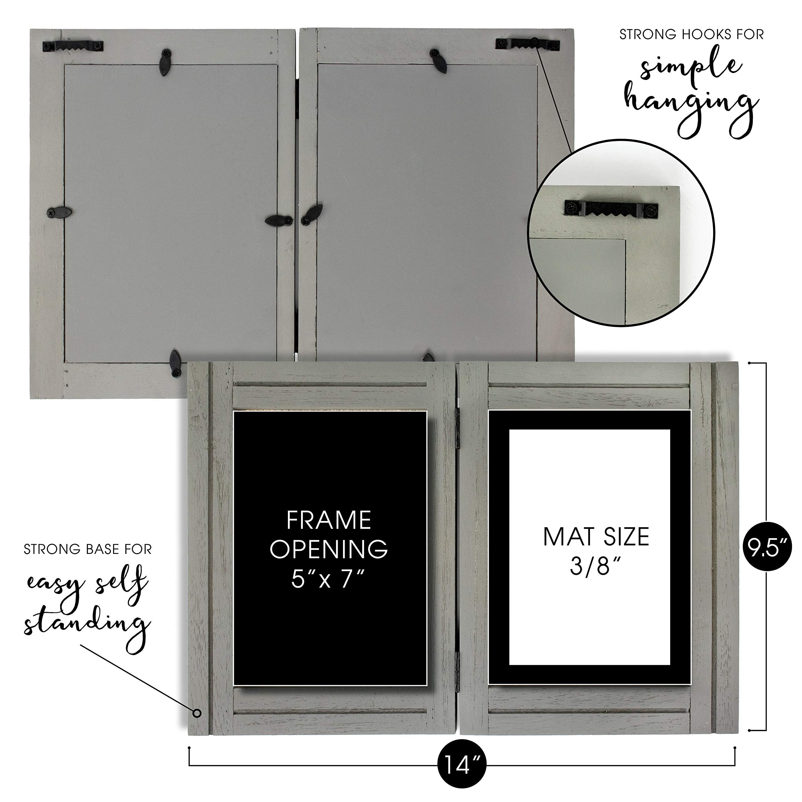 5x7 Rustic Picture Frames - Burlap Mat - Distressed Wood Farmhouse Decor - Hinged Double Frame - Vertical Photos - Brackets for Hanging on Wall or Stand on Table Top or Desk - Gray / Grey