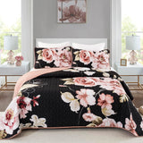 Black Floral Quilt Set Queen Size, 3 Pieces Pink Botanical Flower Printed