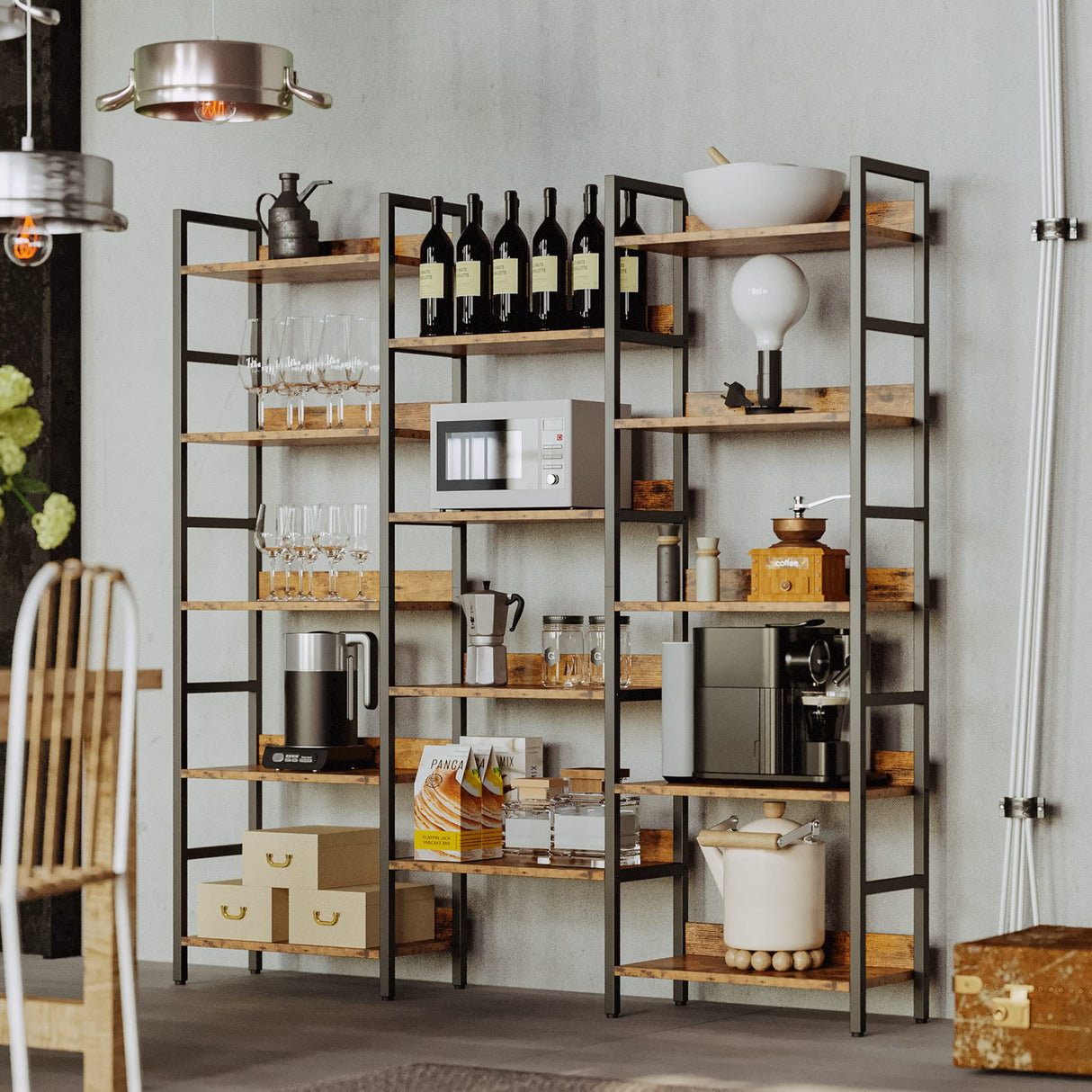 Bookcases and Bookshelves Triple Wide 5 Tiers Industrial Bookshelf with Baffles Large Etagere Bookshelf