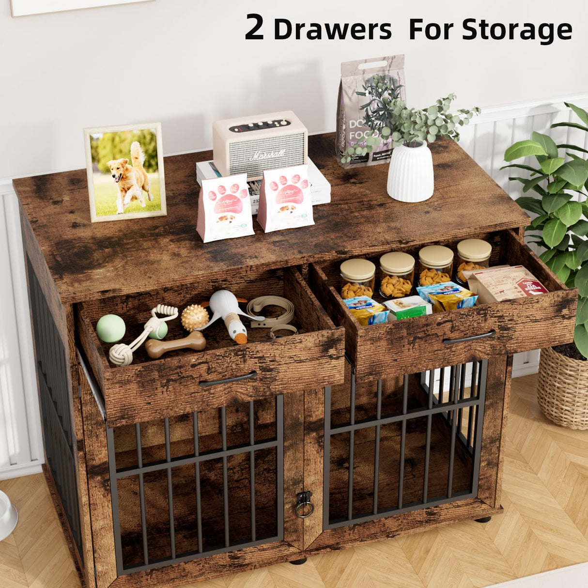 43.3" Large Wooden Dog Crate Furniture with Storage Drawers