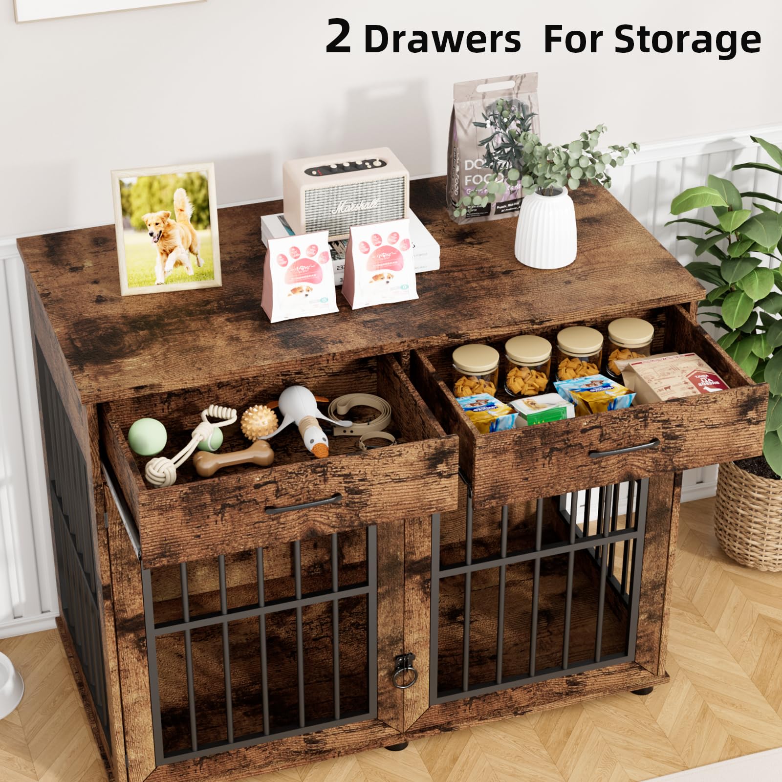 43.3" Large Wooden Dog Crate Furniture with Storage Drawers