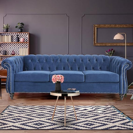 Modern Tufted Couch 3 Seater with Rolled Arms and Nailhead