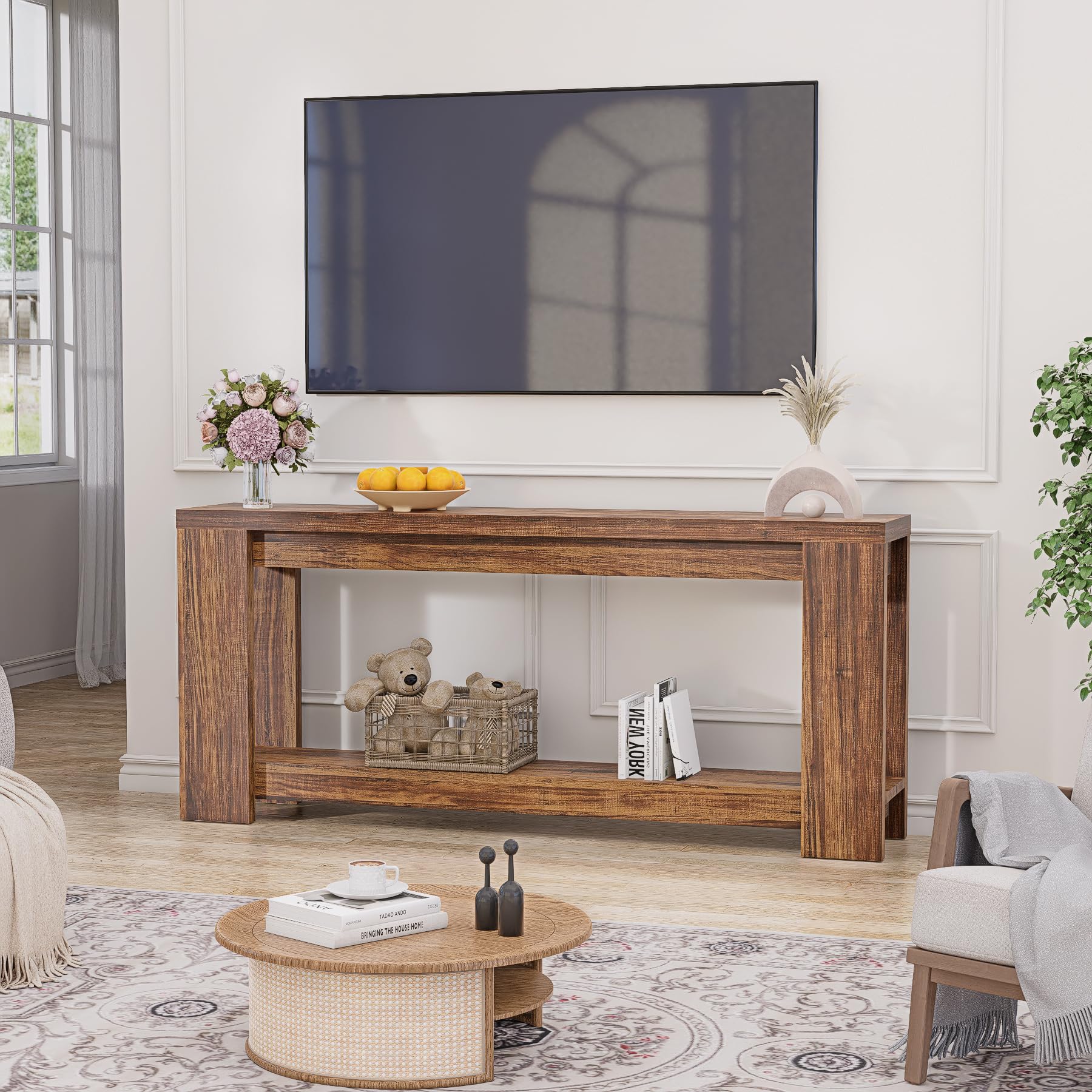 70.9" Farmhouse Console Table with Storage Shelf - Rustic Brown