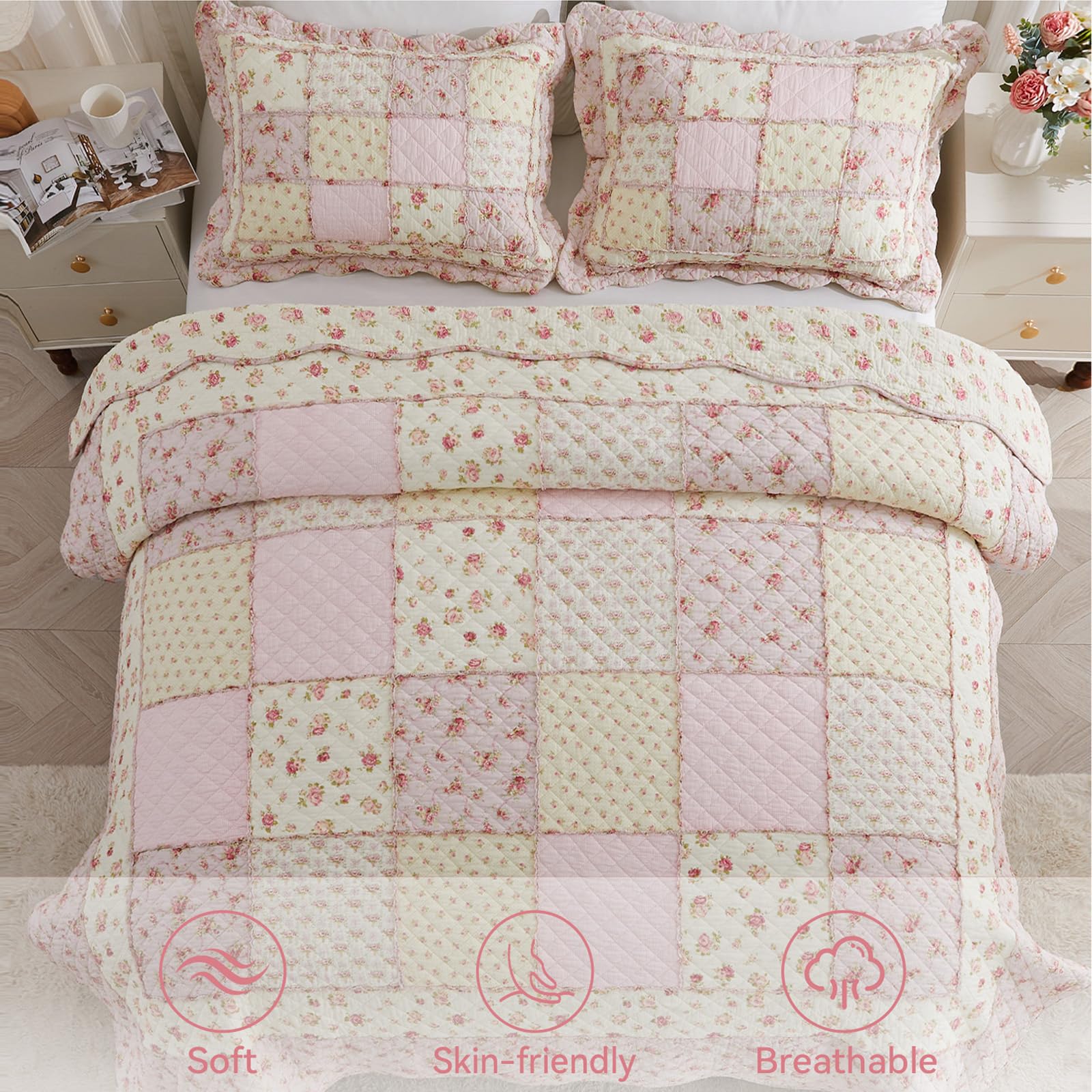 Queen Size Quilt Set 3-Piece Cotton Patchwork Floral Bedding